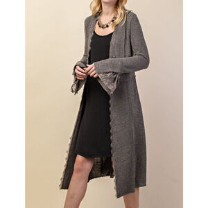 Vocal Women's Lace/Button Accent Long Open Duster Cardigan, Sz Sm, In Stone Gray